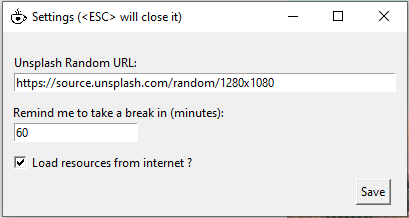 Take-a-Break settings file showing configurable break interval and duration